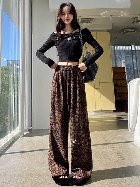 Ladies Leopard Print Wide Crystal Embedded Loose Trousers